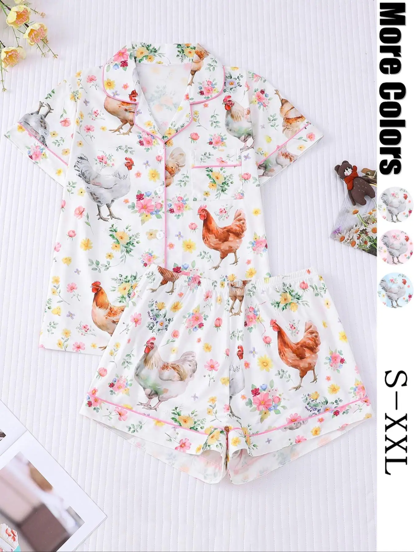 Women's All Over Print Lapel Neck Button Front Pocket Shirt & Elastic Waist Shorts Pajama Two-piece Set, Casual Comfy Short Sleeve Top & Shorts PJ Set