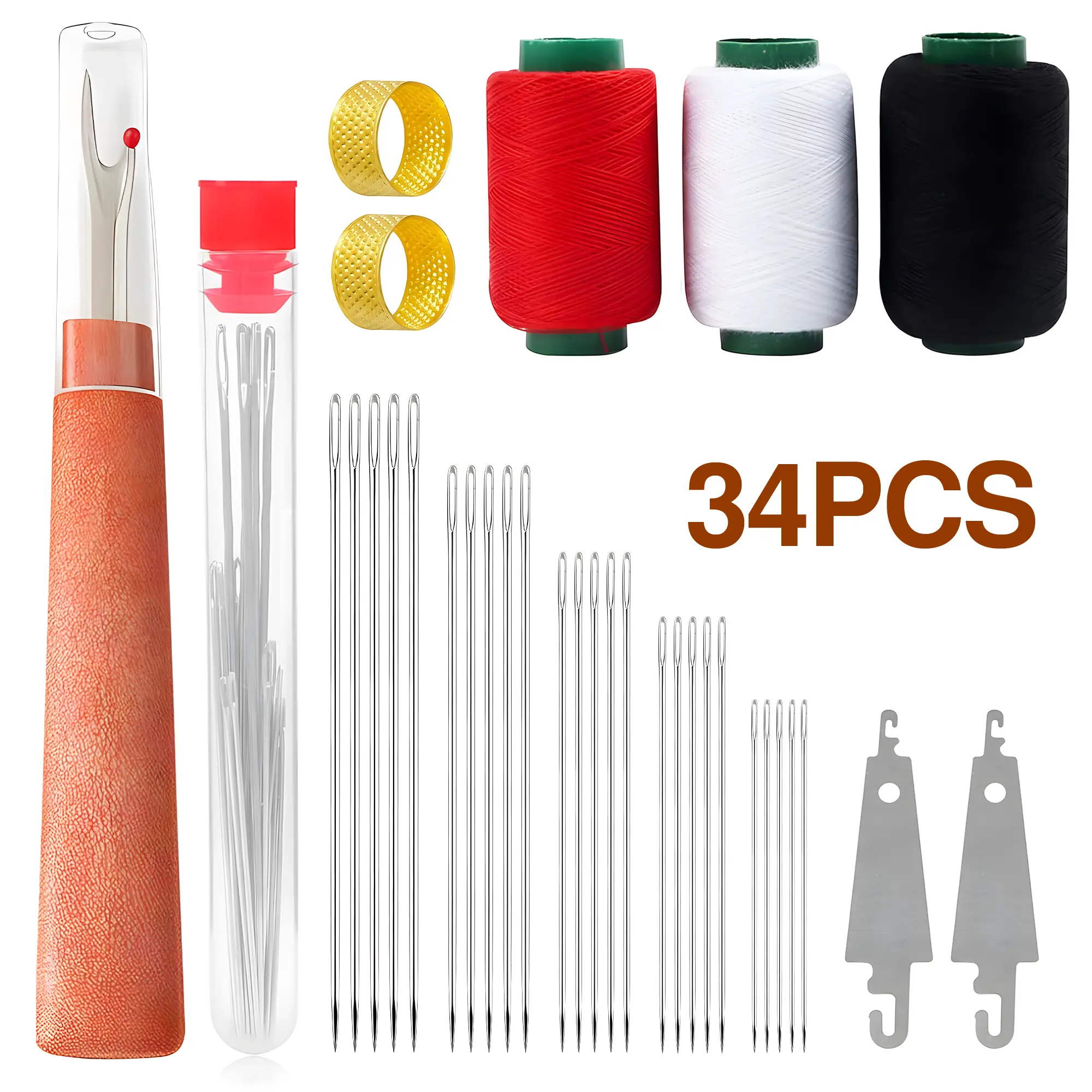34pcs Metal Big Eye Stainless Steel Replaceable Needles & Thread Set - Easy Threading Sewing Supplies Crafts Kit with Thimble, Portable for Beginner Mending Clothes, Adult Gifting