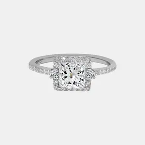 【719】Valentine's Flash "Begin Again" 3-stone Halo Set 1 Carat Princess Cut Synthetic Moissanite Ring