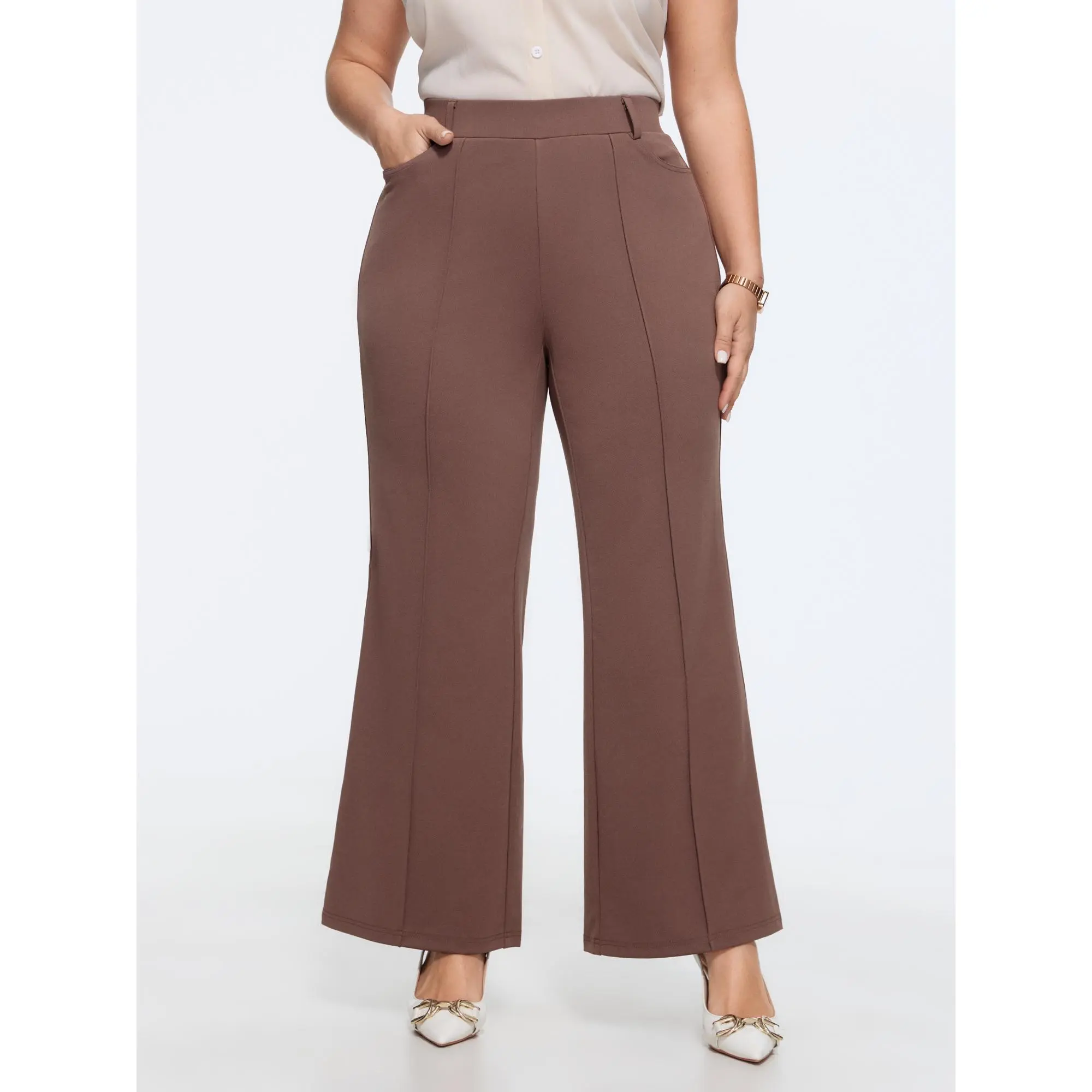 BloomChic Plus Size Pull-On Flared Pants, Solid Spandex Blend Mid Rise Business Casual Trousers for Office with Side Pockets, Casual Long Pants, Office Outfits Women, Garment