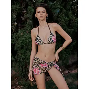 Cider V-neck Floral Leopard Halter Cheeky Bikini Set With Sarong