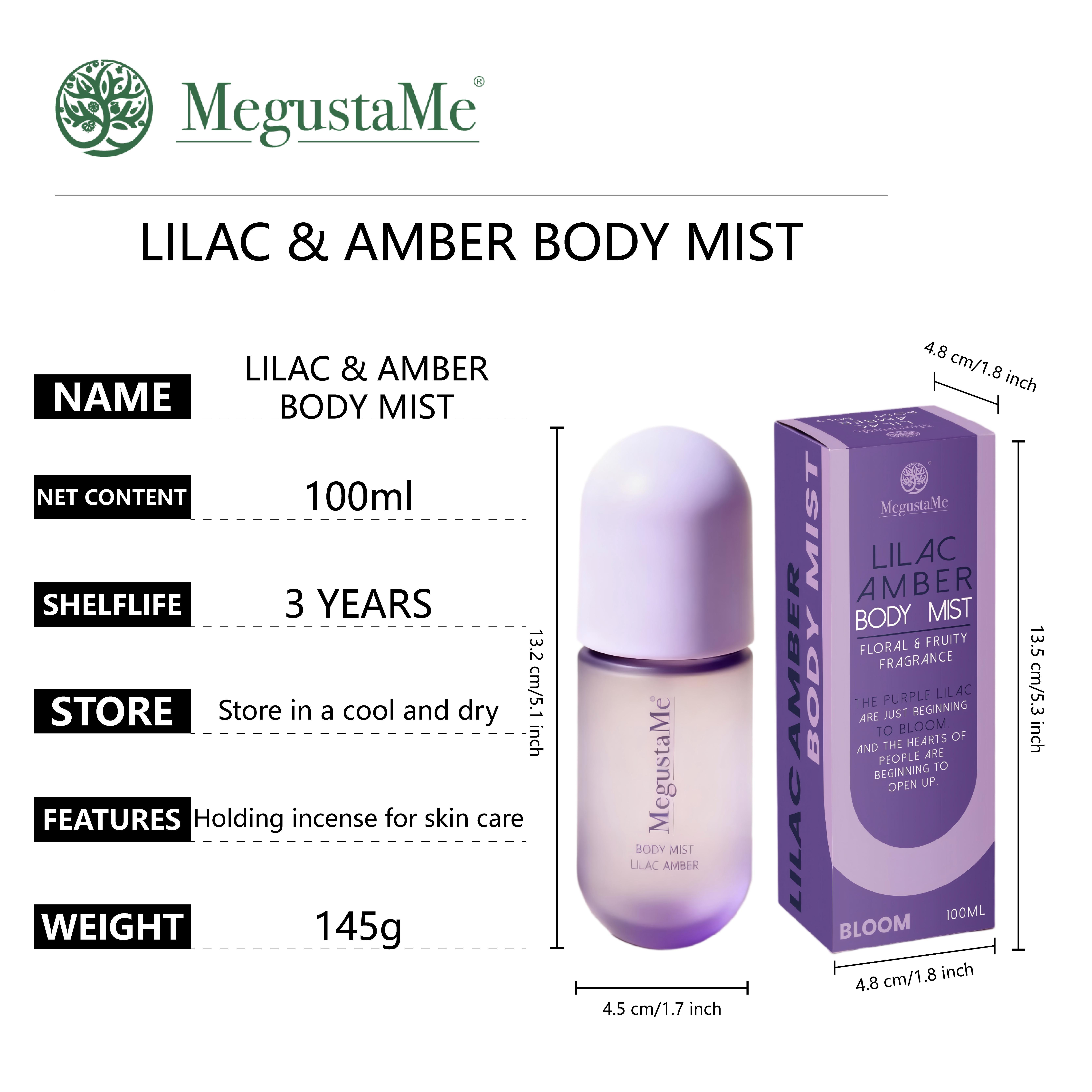 Lilac Amber Body Spray, long-lasting floral-woody mist, free of preservatives and phthalates, gentle and elegant daily perfume, safe skincare women's body fragrance, travel size 3.38 fl oz (100 ml)