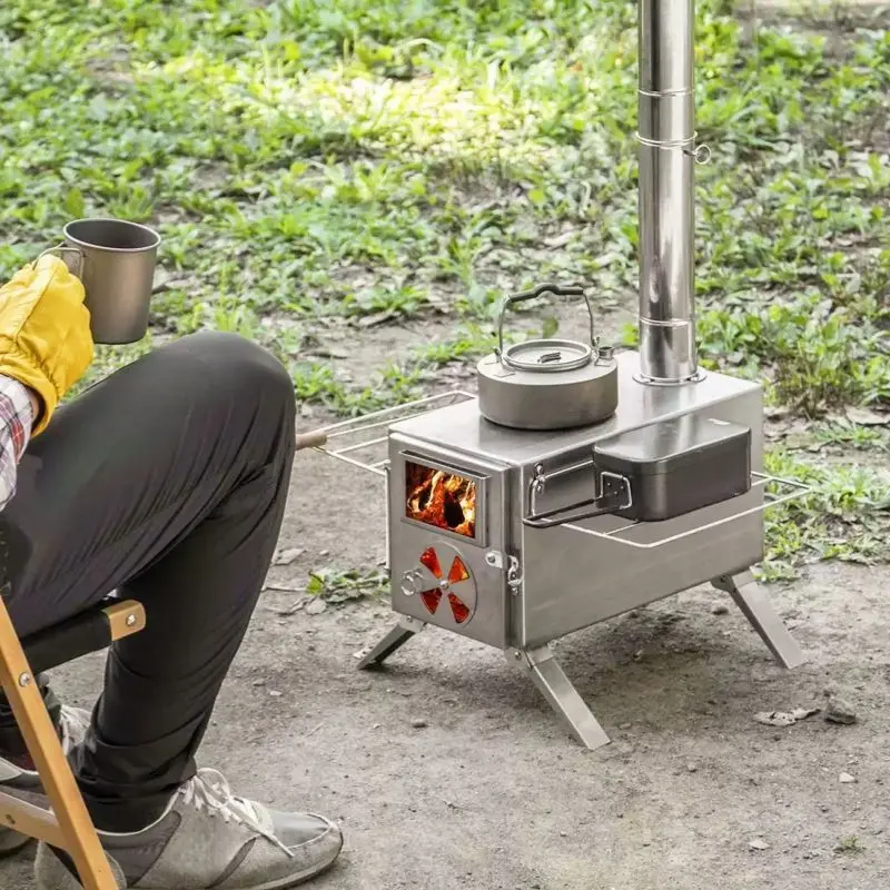 Wood burning stove, tent stove for heating, folding portable wood stove for boiling water, suitable for tents, cooking, patios, camping stove including chimney