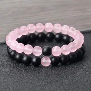2Pcs/Set Natural Stone Pink Black Beads Couple Distance Bracelet For Men Women Strand Bracelets Bangles Yoga Lover Jewelry Gifts