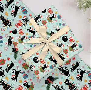 Black Cat Christmas Wrapping Paper, Funny Holiday Gift Wrap Roll, Santa Hat Cats & Presents