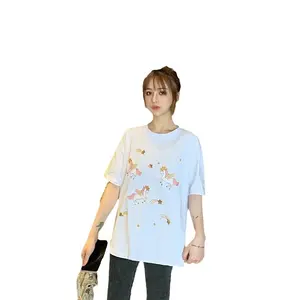 Pink Unicorn High Quality Cotton Short-Sleeved T-shirt for Women 2024 New Summer Design Sense Special-Interest Fashion Brand T-shirt