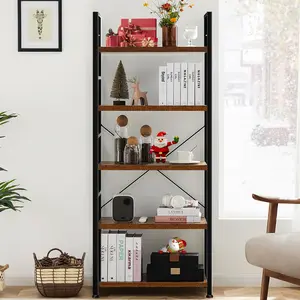 5 Tier Bookshelf: Modern Industrial Corner Storage Organizer for Bedroom, Home Office-Tall Bookcase for Books, Garage Kit, CDs, Movies