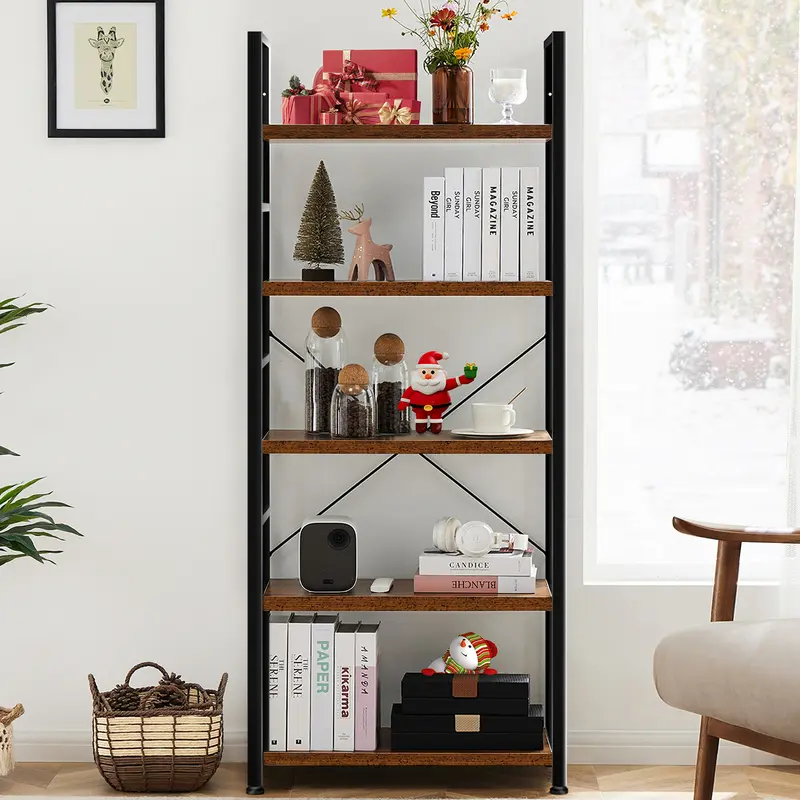 Sweetcrispy 5-Tier Metal Industrial Corner Bookshelf - 11.81"d x 23.62"w x 62.2"h Slim Profile, 30lb Capacity, Scratch-Resist Top, Waterproof Finish, Sturdy Modern Tall Office Commercial Furniture, Roomy Home Library Storage Solution