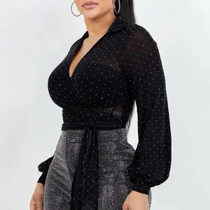 Blusa Pedrería Shirts - Women's Black Polka Dot Top with Belted Waist and Long Sleeves - Womenswear
