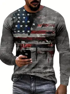 Men's retro star stripe print crew neck long-sleeved T-shirt, casual, stylish Streetwear outdoor street sports top for spring and autumn, suitable for everyday wear.