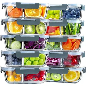 10 Pack Glass Meal Prep Containers 2 Compartment Set, 30 OZ Airtight Glass Lunch Containers, Glass  Storage Containers with , for Microwave, Oven, Freezer & Dishwasher Friendly,Grey