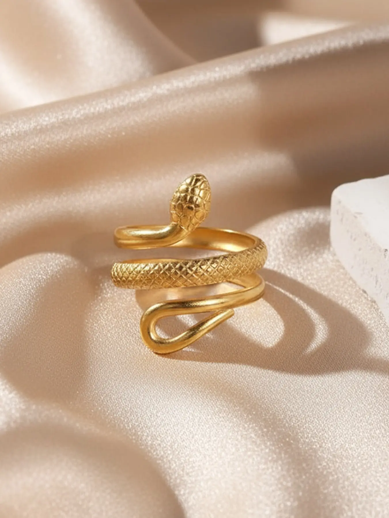 1pc Waterproof Hypoallergenic Stainless Steel Textured Snake Open Cuff Ring, Gold Silver Two Tone Adjustable Unisex Witchy Spiritual Amulet For GRWM Streetwear Goth OOTD, Viral Tarnish Resistant Trendy Blessing Jewelry Gift TikTok Made Me Buy It