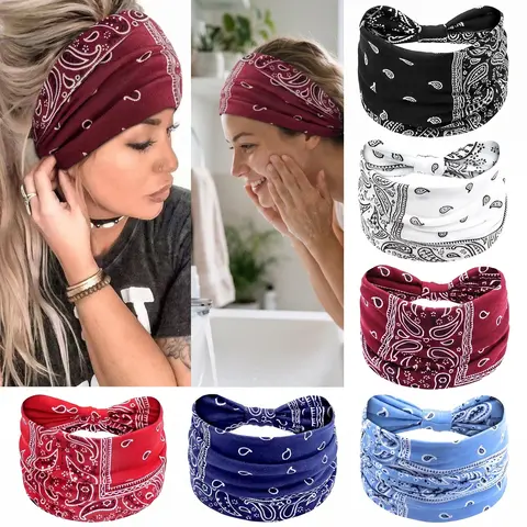 Headbands for Women, 6-Pack Wide Boho Turban Headbands, Soft Stretch Non-Slip Hair Wraps, Solid Color, Paisley, Polka Dot, Floral, African Print & Leopard Print Styles, Retro Fashion Hair Accessories for Daily Wear