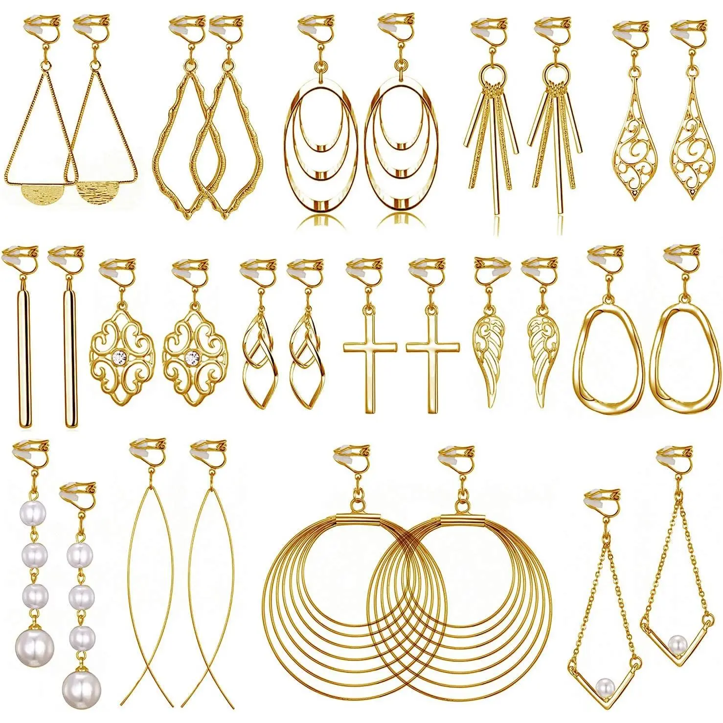 Gold Clip on Earrings Set for Women, 15 Pairs in Diverse Styles Including Hoops and Cross Dangle, Lightweight Fake Piercing for Daily Wear, Cross Dangle Earring, Fake Piercing Style, No Piercing