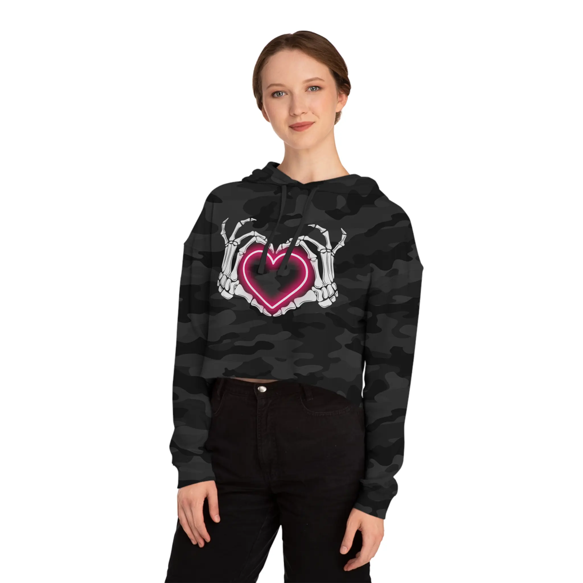 Cropped Hoodie Bone Hands Neon Pink Heart Women's Sweatshirt Cute Hot Style Pullover Edgy Streetwear Top Trendy Fashion Jumper Stylish Casual Cotton 80% Cotton 20% Polyester Ribbed Cuffs Adjustable Fit