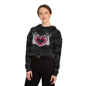 Cropped Hoodie Bone Hands Neon Pink Heart Women's Sweatshirt Cute Hot Style Pullover Edgy Streetwear Top Trendy Fashion Jumper Stylish Casual Cotton 80% Cotton 20% Polyester Ribbed Cuffs Adjustable Fit