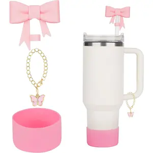 3 count Bow Straw Cover Set For  Cup: Cute Bow Straw Cover,  Boot, Charm Chain for 30/40 OZ Tumbler with Handle-Pink