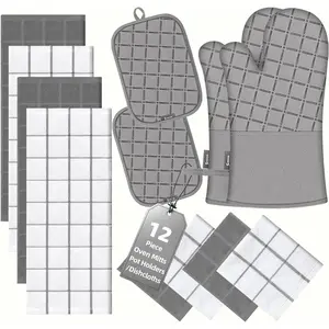Oven Mitts Kitchen Towels and Dishcloths Pot Holders Sets, Oven Gloves Kitchen Dish Towels 500 Degree Heat Resistant Potholders with Non-Slip Silicone Surface for Cooking, Grilling, Baking-Gray