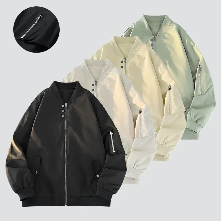 Solid-color baseball-collar aviator jacket in four low-saturation colors with a premium feel when fully buttoned. Stiff yet smooth fabric that resists deformation and pilling with prolonged wear. Simple, clean cut that pairs well with any inner layer. Loo