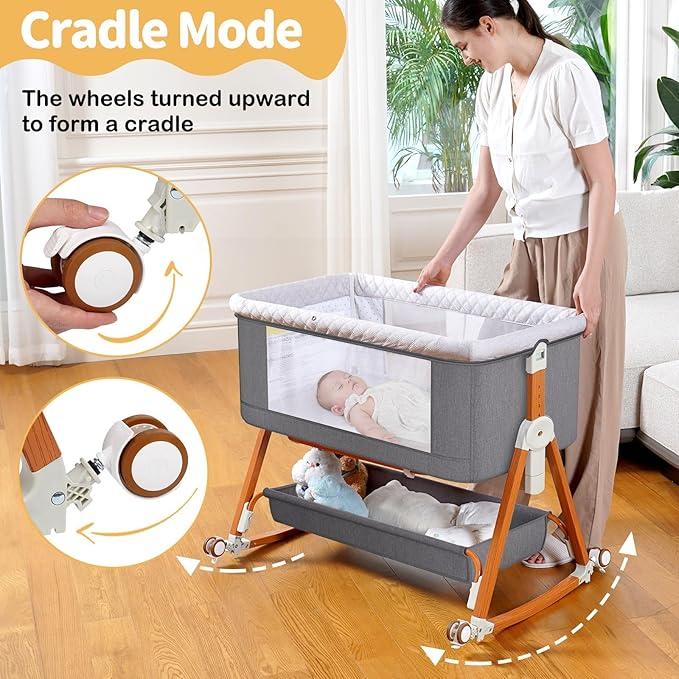 Baby Bassinet Sleeper, 6 Height Adjustable Cribs, Easy to Fold Portable Crib Side Bassinet, Swing Cradle Bed Side Sleeper with Ventilated Net&Wheels
