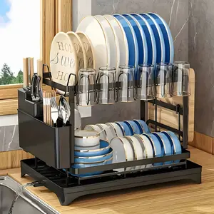 Two-Level Dish Drying Rack for Kitchen Surfaces, Kitchen Organizers And Storage, Dish Drainer with a Drainboard, Kitchen Additions, Metal Kitchen Dish Holder with Drainage, Two-Tier Kitchen Drying Rack, Black Dish Holders