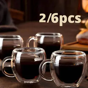 6 Clear Espresso Cups Coffee Glass Cup 2.8oz with Handles, Double Wall Insulated Design, Heat Resistant for Home Gatherings and Espresso Machines
