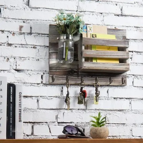 Torched Wood Mail Sorter with Hooks & Mason Jar