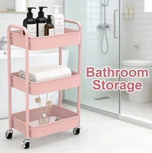 Pink 3-Tier Rolling Utility Cart with Caster Wheels - Easy Assembly for Home Organization, Kitchen & Bathroom Storage