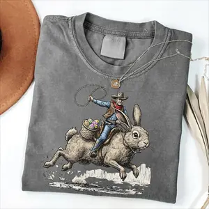 Retro Denim Easter Bunny Print T-Shirt — Western-Style Easter Bunny Tee