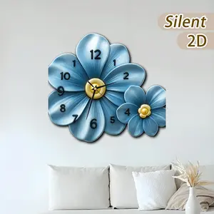 Thick Wooden Creative Irregular Cut Clock, Silent Wall Clock with Blue Flowers, Battery Driven, 30-40cm, Home Decor Gift