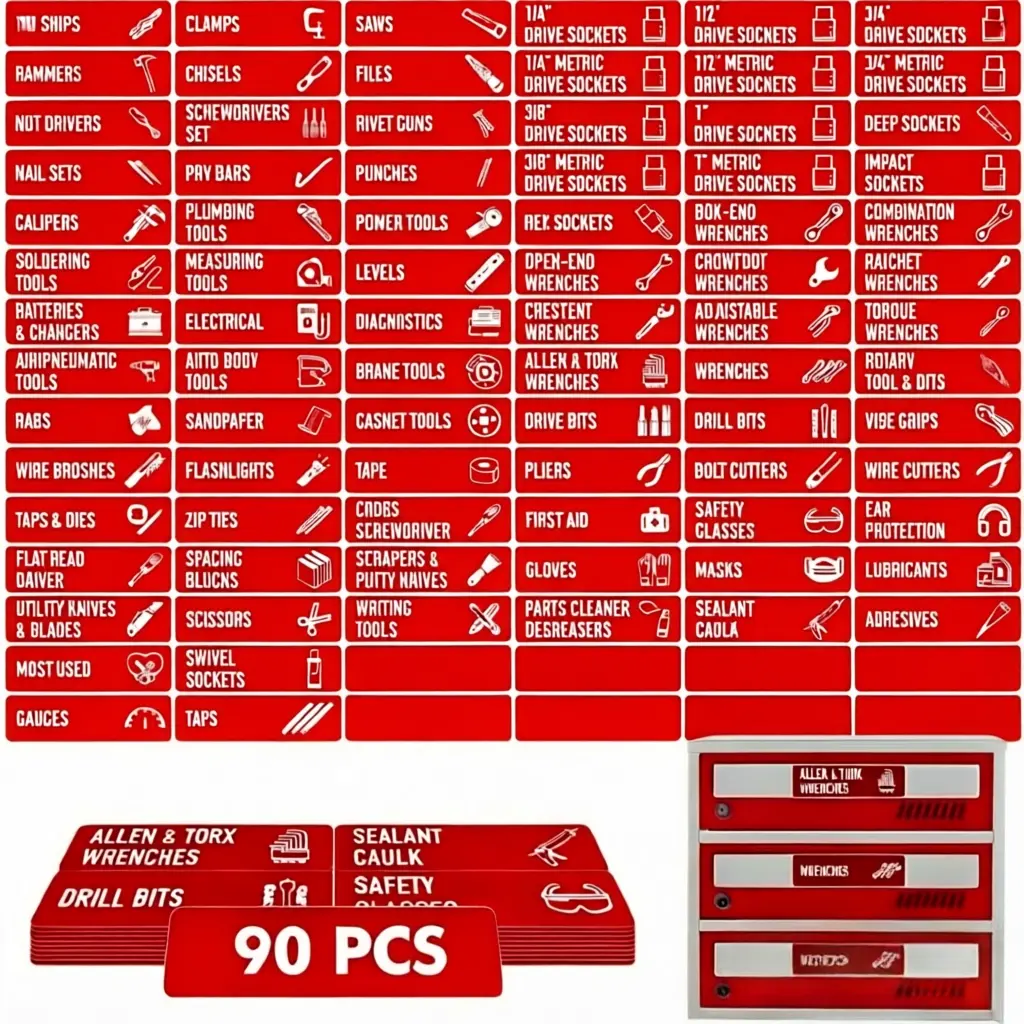 90 PCS Magnetic Toolbox Drawer Labels, 82 Preprinted 8 Blank Large 3.5"x1" Tool Chest Organizer Stickers Heavy Duty Strong Magnet Easy Read Font Compatible with All Metal Steel Tool Cabinets Boxes Drawers Red