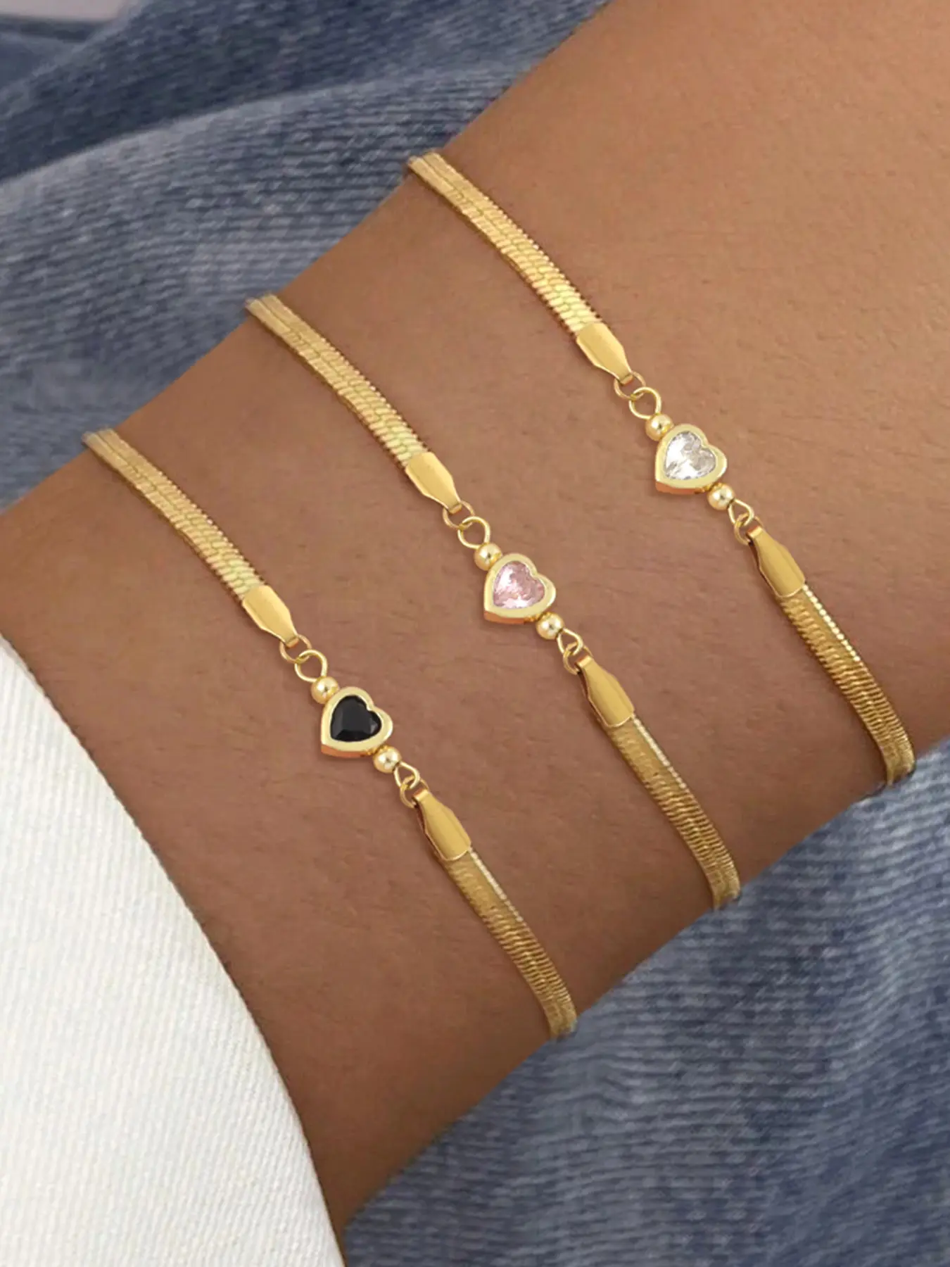 Women's Elegant Artificial Crystal Heart-Shaped Bracelet, Cubic Zirconia Bracelet, Golden Stainless Steel Herringbone Chain Design, All-Season Fashion Jewelry Gift, Beautiful Bracelets