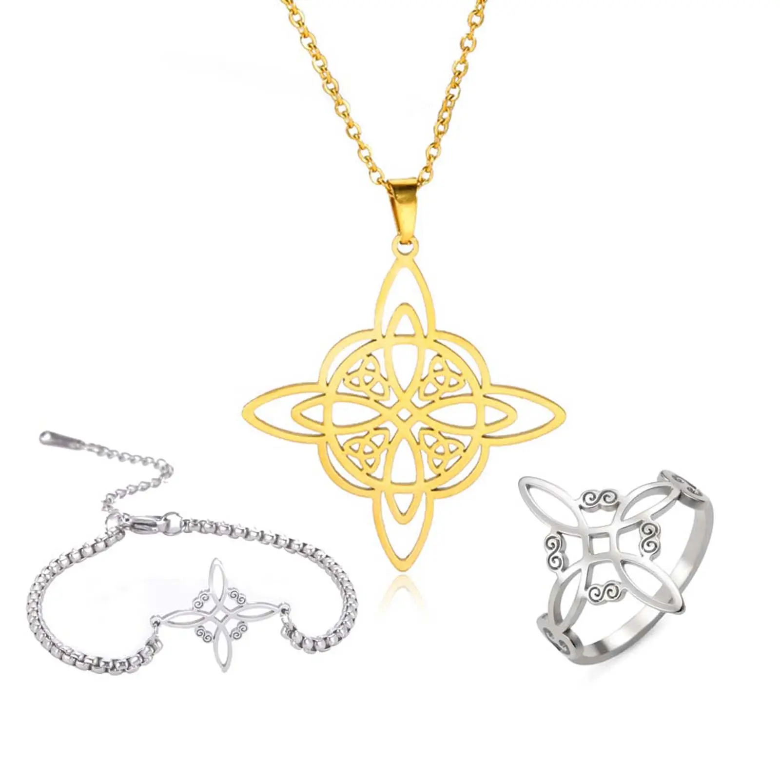 Gothic 3-Piece Matching Jewelry Set for Women, Symbolic Hollow Design with Artificial Gemstone, Includes Necklace, Ring & Bracelet, Daily Wear, Unique Gift, Adds Gothic Elegance, Ancient Symbols, Hollow Pendant