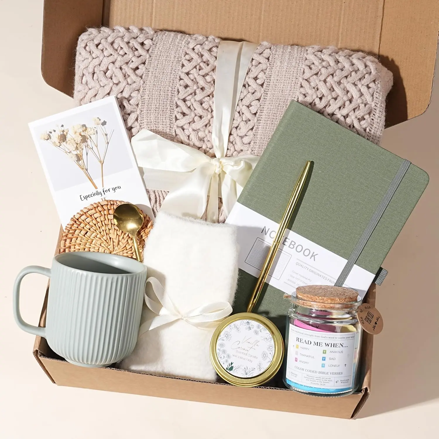 GreenPastures Self Care Gifts for Women, Get Well Soon Baskets, Spa Gift Basket Care Package with Blanket Mug Lavender Scented Candle Bible Verse Jar, Birthday Gifts for Mom Friend Sist