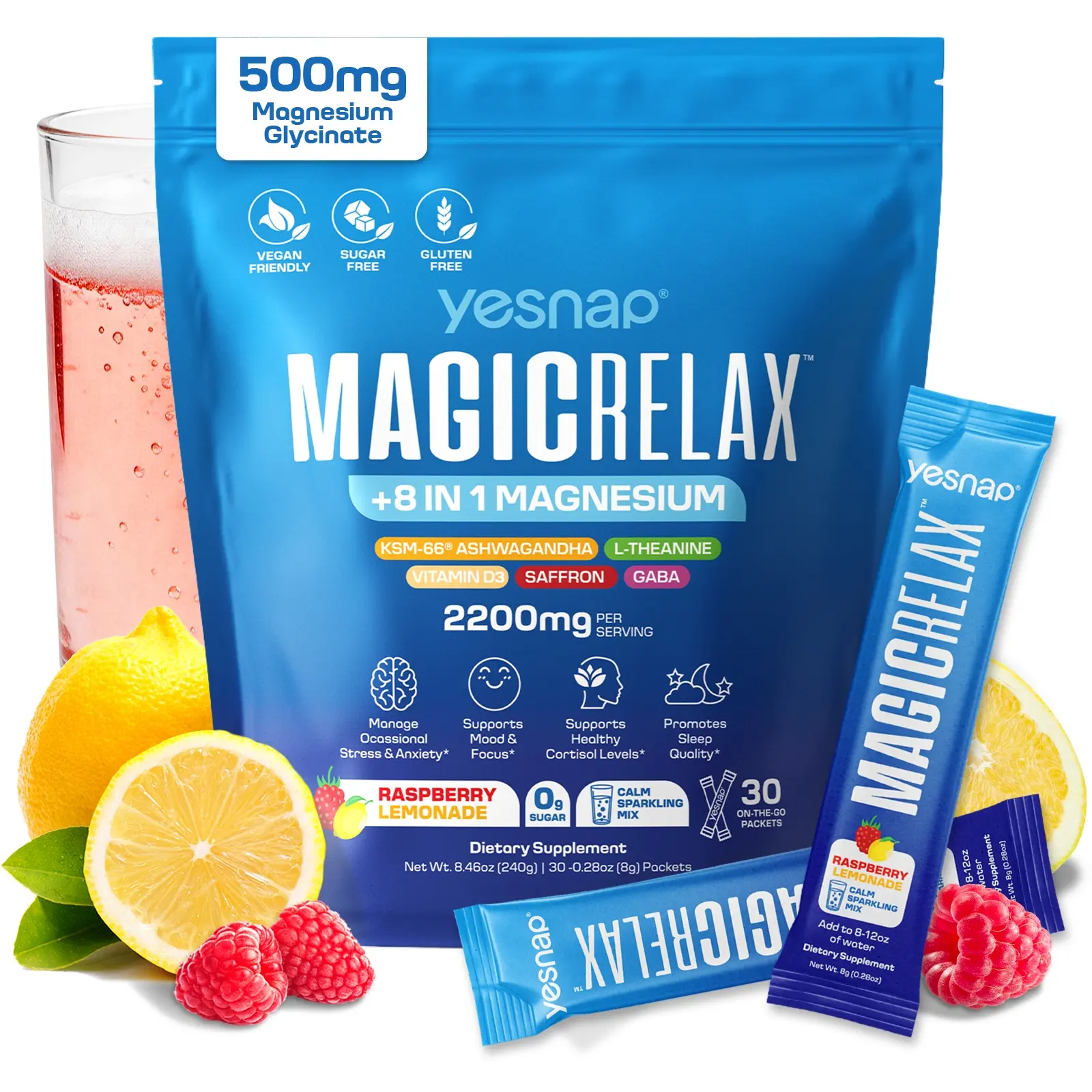 Yesnap MAGICRELAX Calming Sparking Mix with 8-in-1 Magnesium KSM-66 Ashwagandha Saffron Vitamin D3 GABA L-Theanine Supports Cortisol Balance Mood Sleep 30 Servings No Sugar Non GMO Raspberry Lemonade Flavor