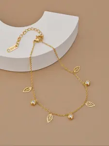 Women's Stainless Steel Leaf Design Foot Chain, Elegant Rhinestone Beach Anklet, Fashion Jewelry for All Seasons, Trendy Jewelry