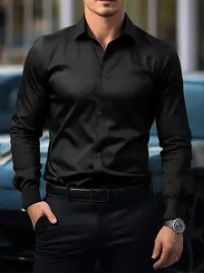Men's Solid Long Sleeve Dress Shirt, Slim Business Formal Shirt for Work Office, Men's Top for All Seasons, Menswear