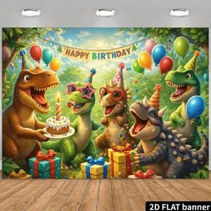 2D Flat Banner HD Digitally Printed Polyester Photography Backdrop, Cartoon Dinosaur Birthday Party Theme with Forest Background, Balloons, and Gift Boxes, Soft Lightweight Foldable Machine Washable Background Cloth for Birthday P