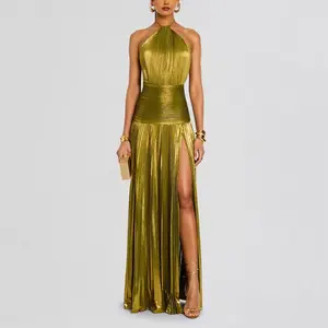 Metallic Pleated Slit Tie Back Halter Dress SleevelessBackless