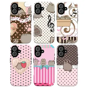 Kawaii Cat Phone Case – Pusheen Style Chubby Cat Aesthetic Cover for iPhone 17 Air 16 15 14 13 12 11 Pro Max & Samsung Galaxy S25 S24 S23 S22 S21 | Polka Dot Background, Pink Coquette Style | Trendy Vintage Girly Gift for Her Women