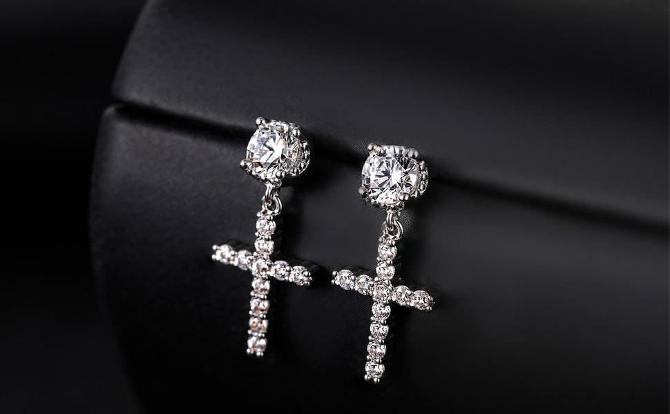 Cross Earrings Drop Hanging Iced Stud Dangle Hoop Earrings for Men Women 5A+ Cubic Zirconia with 925 Silver needle Hypoallergenic Religious Christian Jewelry