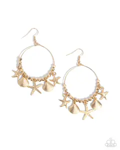 Coastal Conversation - Gold Wire with Gold Beads and Gold Starfish and Gold Seashell Charms Hook Earrings