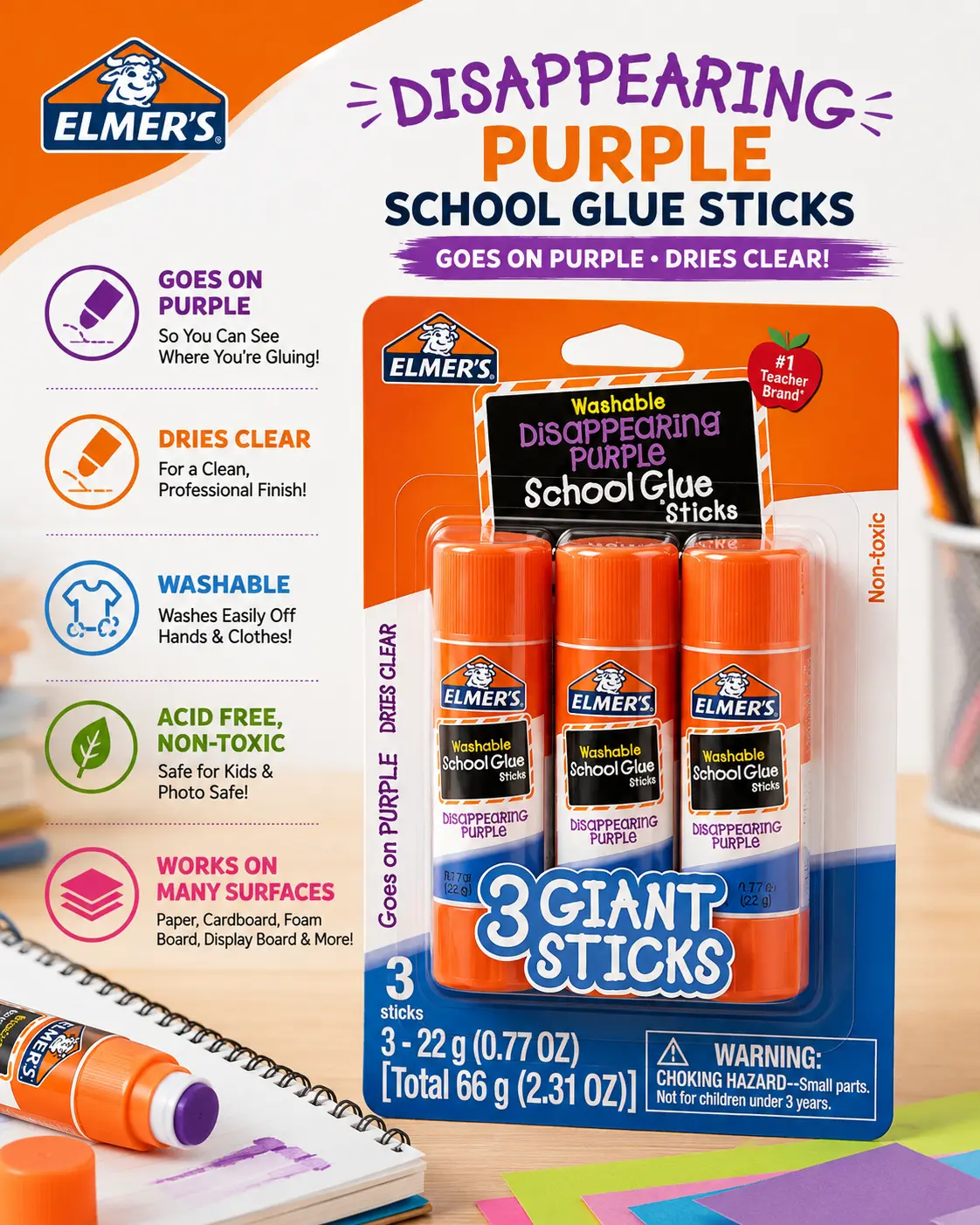 Elmer's Disappearing Purple School Giant Glue Sticks, Washable, 22 g Each, 3 Count