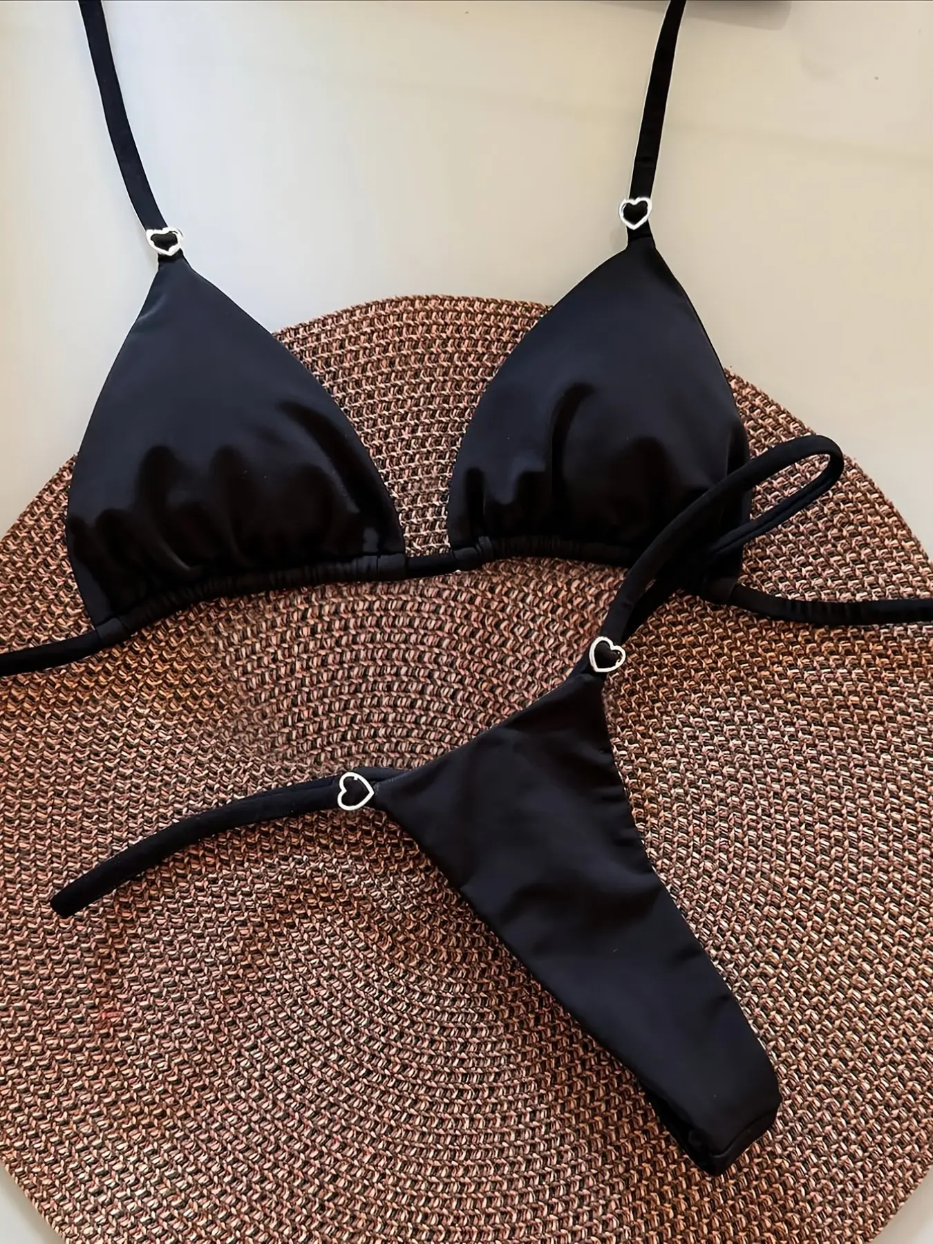 Women's Satin Bikini Set with Heart-Shaped Hardware Accessories, Triangle Top & Bottom, Simple Beach Fashion Swimwear, Summer Bikini Set, Bikini Swimsuit Set, Swim Suits