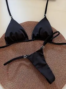 Women's Satin Bikini Set with Heart-Shaped Hardware Accessories, Triangle Top & Bottom, Simple Beach Fashion Swimwear, Swim Suits