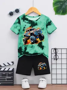 Boys' Toddler Off-Road Car Print Tie-Dye Short Sleeve T-Shirt + Elastic Waist Shorts Set, 2-Piece Summer Outdoor Casual, Outfit Kids Playful Adventurous Vibrant