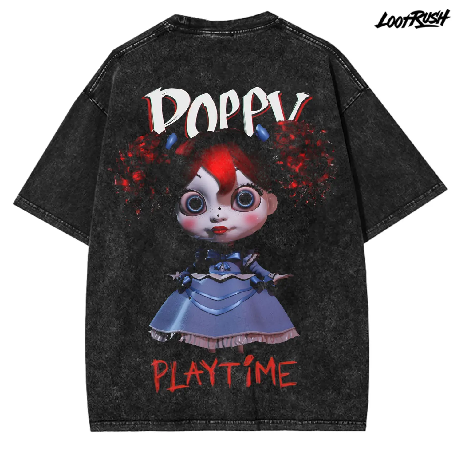 Poppy Doll x Poppy Playtime Tee – Creepy Cute Eyes & Red Curls on