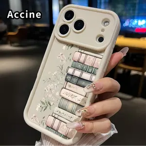 Floral Book Stack Pattern TPU Phone Case for iPhone 17 Pro Max 16 15 14 Plus 13 12 Mini 11 XR X XS Air E Shockproof Drop Protection Rugged Durable Silicone Cover Cellphone Protective Casing