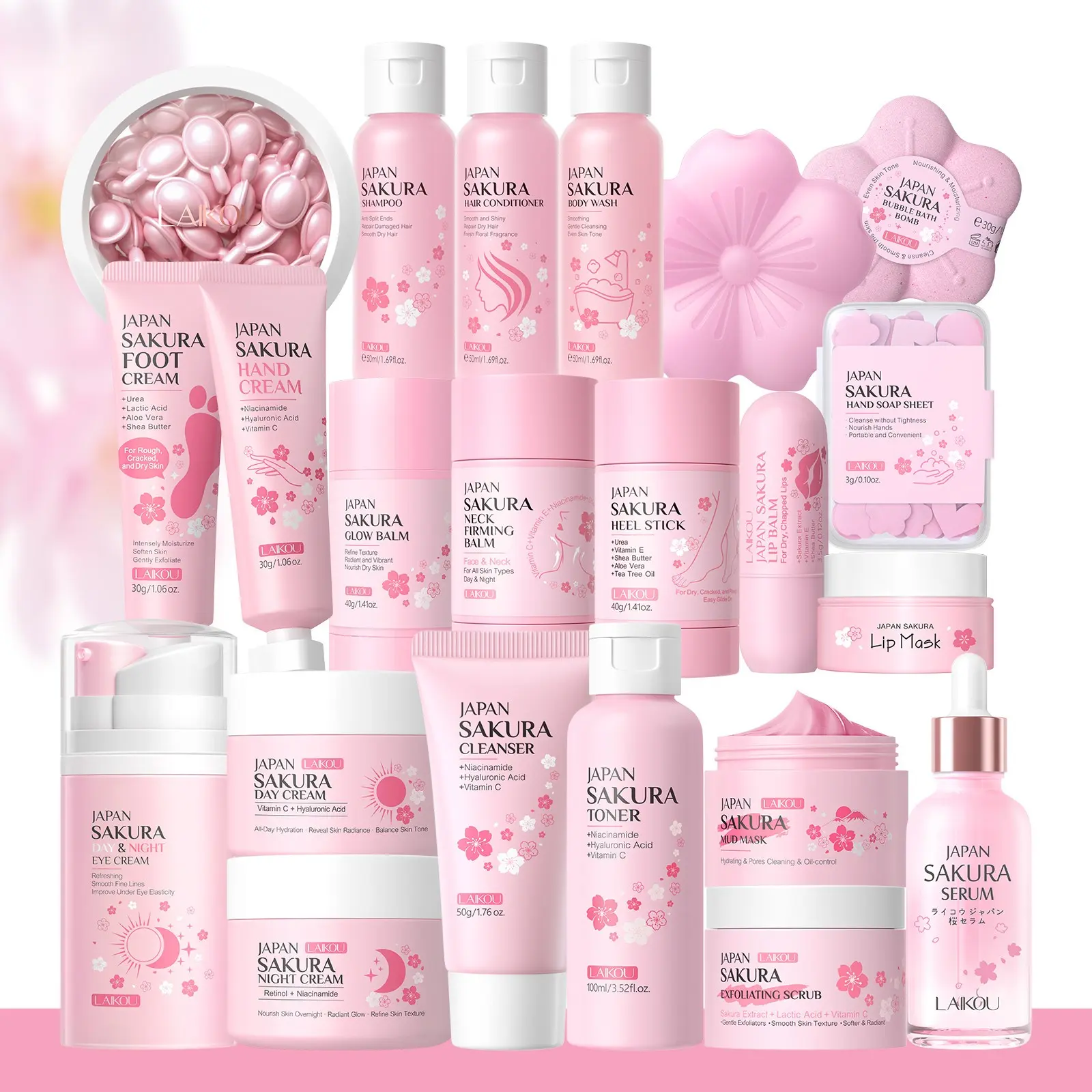 LAIKOU Japan Sakura Beauty Gift Box - 26pcs Skincare Set & Skin Care Kit for Cleansing & Moisturizing - Unwrap Daily Sakura Glow Products Moisture Glow Bundle