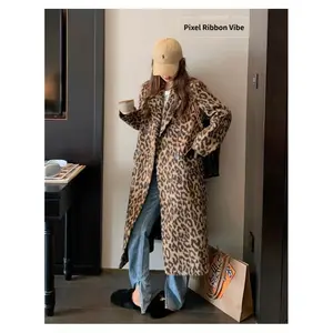 Chic and Cute Women's Leopard Print Long Trench Coat with Turn-down Collar and Double Breasted Short Coat for Winter Warmth